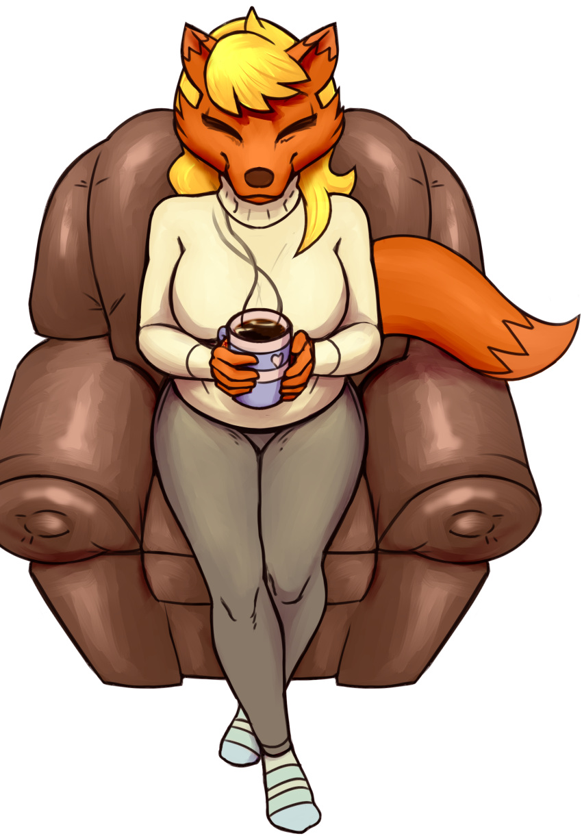 absurd_res anthro armchair beverage blonde_hair candy canid canine chair chocolate clothing dessert dipstick_ears dipstick_tail eyes_closed fan_character female food footwear fox fur furniture hair hi_res hot_chocolate mallory_renard mammal markings multicolored_ears nickelodeon orange_body orange_fur redout relaxing simple_background sitting smile socks solo sweater t.u.f.f._puppy tail_markings topwear turtleneck turtleneck_sweater white_background