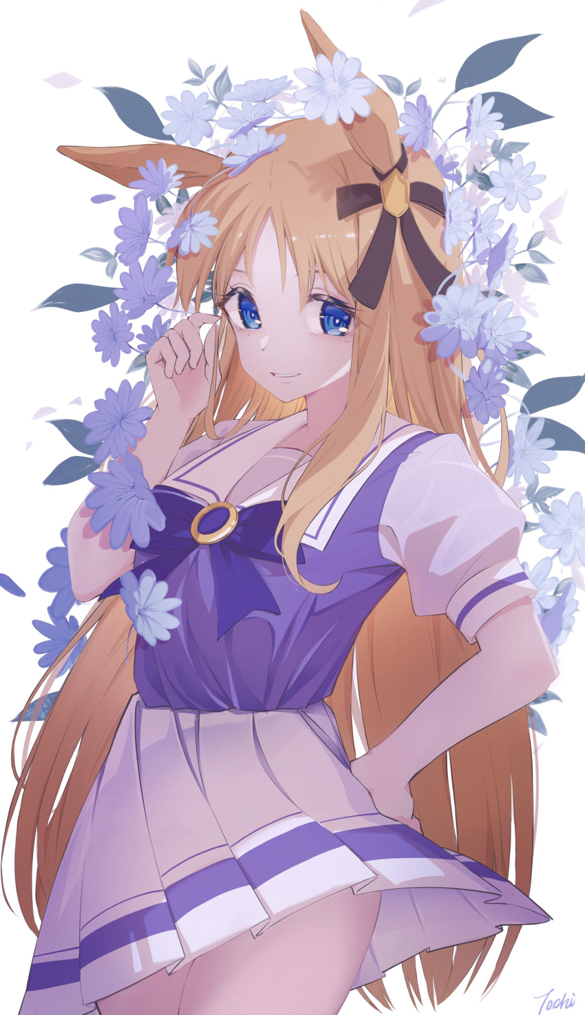 1girl absurdres animal_ears artist_name bangs blonde_hair blue_eyes bow cowboy_shot ear_ornament eyebrows_visible_through_hair eyelashes flower forehead frilled_skirt frills gold_city_(umamusume) hair_flower hair_ornament hand_on_hip hand_up highres horse_ears horse_girl joehi long_hair looking_at_viewer open_mouth parted_bangs parted_lips puffy_short_sleeves puffy_sleeves purple_bow shadow short_sleeves simple_background skirt solo standing symbol-only_commentary teeth umamusume white_background white_skirt