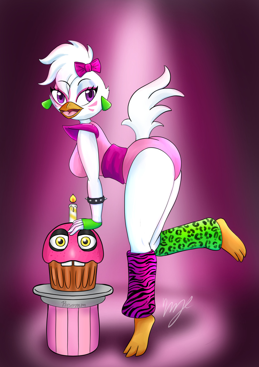 absurd_res anthro ass_up avian beak big_breasts bird breasts butt chica_(fnaf) chicken clothing female five_nights_at_freddy's five_nights_at_freddy's:_security_breach galliform gallus_(genus) gloves handwear hi_res humanoid legwear phasianid pinup pose purple reomm scottgames solo stockings thick_thighs video_games white_body