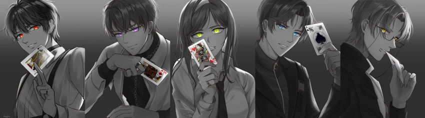 1girl 4boys :d absurdres artem_wing_(tears_of_themis) bangs black_jacket black_necktie blue_eyes brown_eyes card closed_mouth formal glasses glowing glowing_eyes green_eyes grey_background grey_hair grin highres holding holding_card hyang_bok jacket jewelry long_hair long_sleeves luke_pearce_(tears_of_themis) marius_von_hagen_(tears_of_themis) multiple_boys necktie open_mouth playing_card polo_shirt purple_eyes ring rosa_(tears_of_themis) short_hair smile tears_of_themis teeth vyn_richter_(tears_of_themis) yellow_eyes