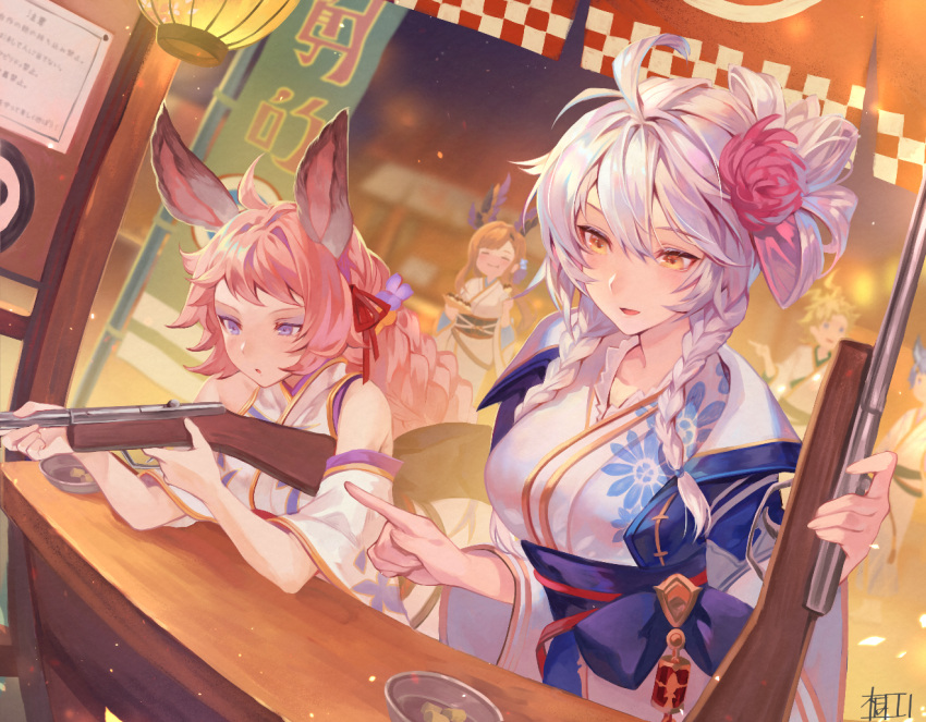 2boys 3girls ahoge animal_ears braid brown_eyes cork cork_gun eating erune feower_(granblue_fantasy) festival food granblue_fantasy japanese_clothes kimono kiriyama2109 lantern multiple_boys multiple_girls pink_hair pointy_ears purple_eyes seofon_(granblue_fantasy) signature silva_(granblue_fantasy) silver_hair takoyaki tien_(granblue_fantasy) tweyen_(granblue_fantasy) twin_braids yukata