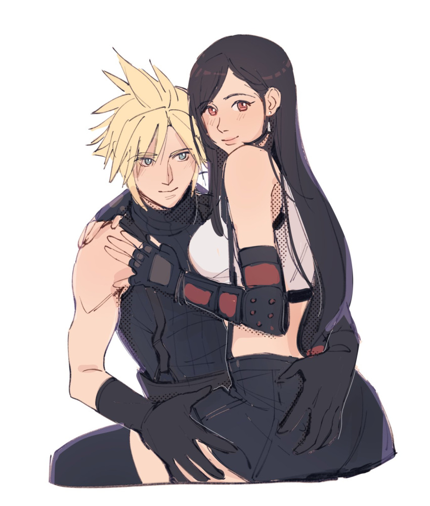 1boy 1girl bare_shoulders black_gloves black_hair black_legwear black_skirt blonde_hair blue_eyes cloud_strife detached_sleeves earrings final_fantasy final_fantasy_vii final_fantasy_vii_remake fingerless_gloves gloves hands_on_another's_back hands_on_another's_shoulders hands_on_another's_thighs highres hug jewelry long_hair looking_at_viewer low-tied_long_hair perlmuttt red_eyes sitting sitting_on_lap sitting_on_person skirt sleeveless smile spiked_hair suspender_skirt suspenders tank_top thighhighs tifa_lockhart turtleneck white_background