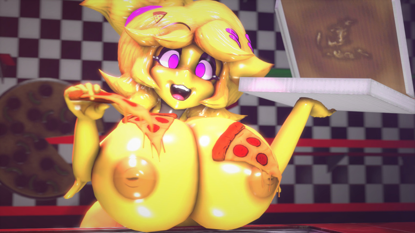 3d_(artwork) andromorph anthro avian big_breasts bird breasts chica_(cally3d) chica_(fnaf) chicken digital_media_(artwork) female five_nights_at_freddy's five_nights_in_anime food fredina's_nightclub galliform gallus_(genus) hi_res intersex machine nipples phasianid pink_eyes pizza pizza_box robot scottgames smile solo source_filmmaker veryfluffy video_games yellow_body