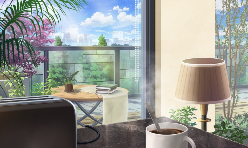 blue_sky book cityscape coffee_cup commentary_request cup curtains day disposable_cup highres indoors lamp no_humans original plant potted_plant scenery shelf sky skyline spoon steam table tablecloth toaster window yu02257951