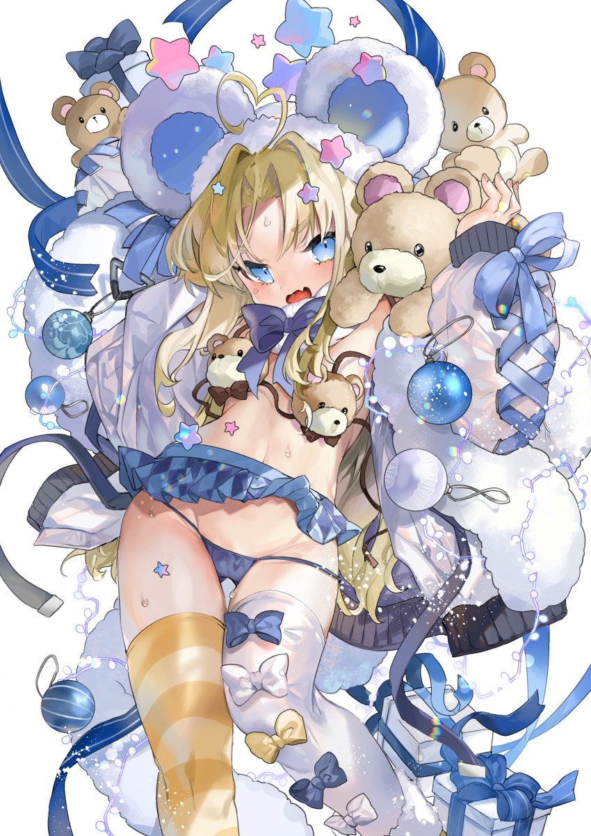 1girl aano_(10bit) absurdres ahoge animal_ears arms_up asymmetrical_legwear ball bangs bear belt black_belt blonde_hair blue_bow blue_bowtie blue_eyes blue_panties blue_ribbon blue_skirt blush bow bowtie cameltoe child christmas christmas_present coat dot_nose eyebrows_visible_through_hair fake_animal_ears fangs foot_out_of_frame fur-trimmed_coat fur_trim gift groin hair_intakes heart_ahoge highres holding long_sleeves looking_at_viewer midriff miniskirt mismatched_legwear mouse_ears navel open_clothes open_coat open_mouth original panties parted_bangs pleated_skirt puffy_sleeves ribbon simple_background skin_fangs skindentation skirt solo standing star_(symbol) striped striped_legwear stuffed_animal stuffed_toy sweat teddy_bear thighhighs thong underwear white_background white_bow white_legwear yellow_bow yellow_legwear