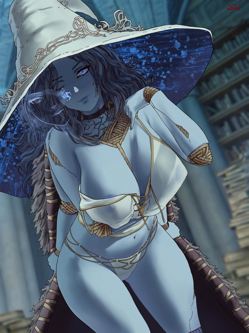 1girl alternate_breast_size areola_slip areolae blue_eyes blue_hair blue_skin book breasts cleavage cloak closed_mouth colored_skin cracked_skin doll_joints elden_ring extra_arms extra_faces fur_cloak hat highres joints large_breasts large_hat library lips looking_at_viewer navel one_eye_closed panties ranni_the_witch short_hair solo sun_fanart thighs underwear white_headwear white_panties witch_hat