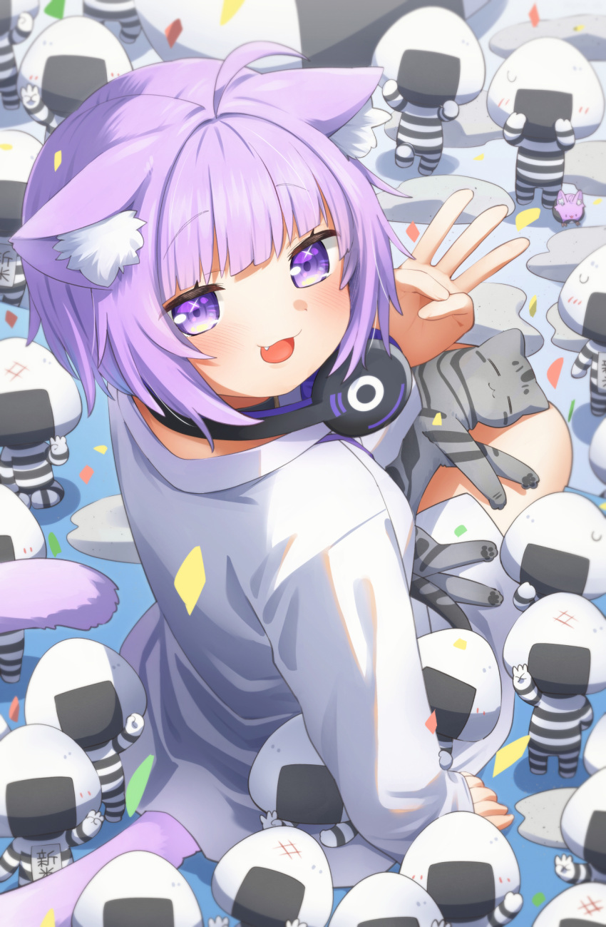 1girl :3 :d ahoge animal_ear_fluff animal_ears anniversary bangs bird bow breasts cat_ears cat_girl cat_tail celebration collar collared_shirt eyebrows_visible_through_hair fang feet_out_of_frame food from_above hand_on_own_chest headphones headphones_around_neck highres hololive large_breasts long_sleeves looking_at_viewer looking_back medium_hair milestone_celebration nekomata_okayu onigiri onigirya_(nekomata_okayu) open_mouth panties ponono purple_bow purple_collar purple_eyes purple_hair shirt sitting smile solo standing tail tail_raised temari_(nekomata_okayu) underwear virtual_youtuber white_background white_shirt