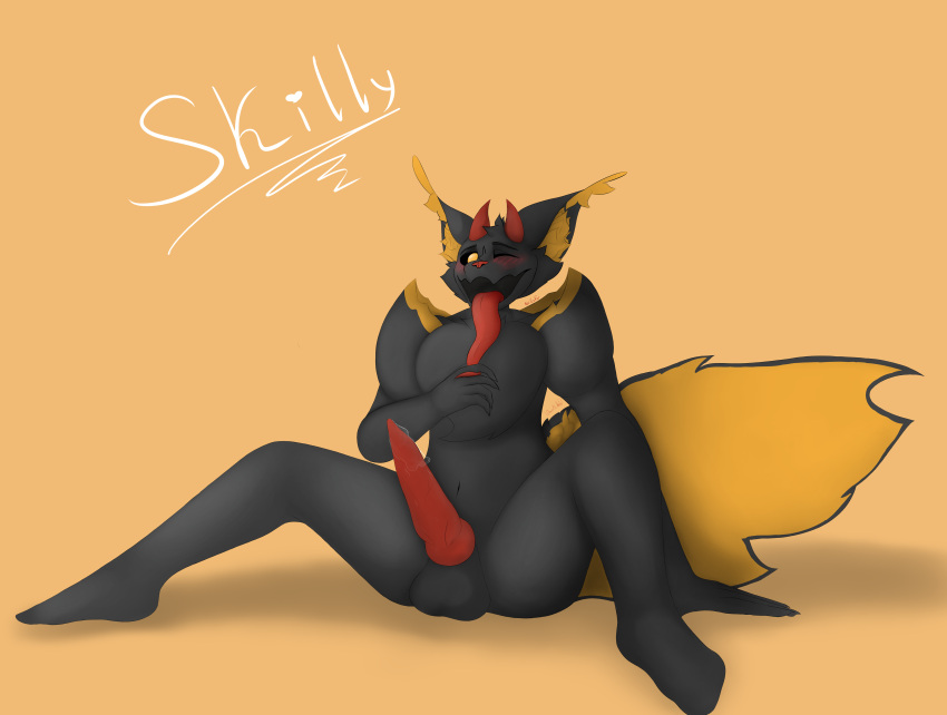 absurd_res anthro balls bed big_ears big_tail black_body black_fur bodily_fluids butt dexel's_arts fur furniture genital_fluids genitals hi_res horn knot long_tongue looking_at_viewer looking_pleasured male on_bed one_eye_closed precum red_horn saliva saliva_on_tongue skilly smile solo spread_legs spreading tongue tongue_out wide_hips yellow_body yellow_fur