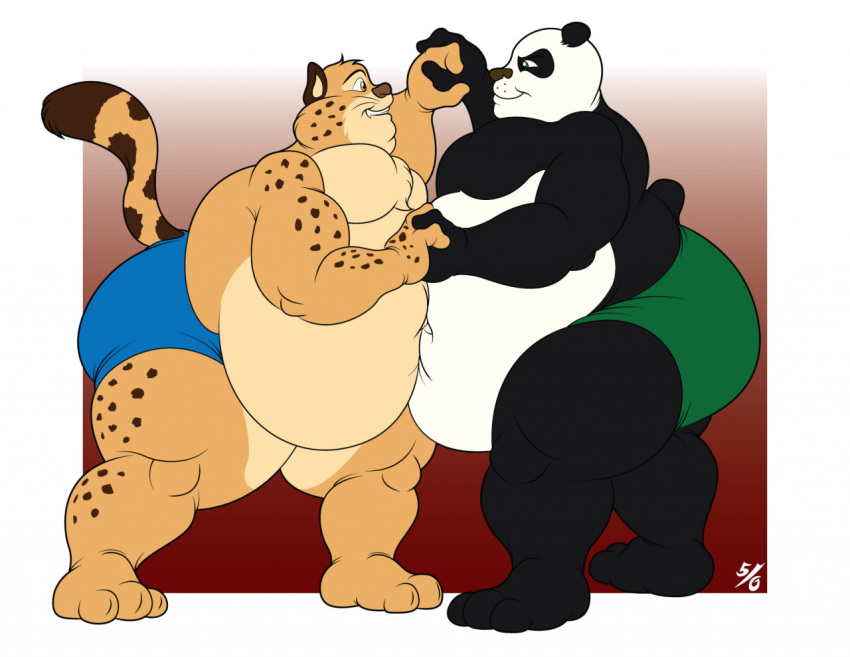 2020 3_toes 50percentgrey anthro belly belly_press benjamin_clawhauser big_belly bottomwear cheetah clenched_teeth clothed clothing disney dreamworks duo eye_contact fangs feet felid feline fur giant_panda hand_holding kung_fu_panda looking_at_another male mammal master_po_ping narrowed_eyes navel obese obese_anthro obese_male overweight overweight_anthro overweight_male raised_tail shirtless shirtless_male shorts smile smirk sumo sumo_wrestling teeth thick_thighs toes ursid whiskers wide_eyed wide_hips zootopia