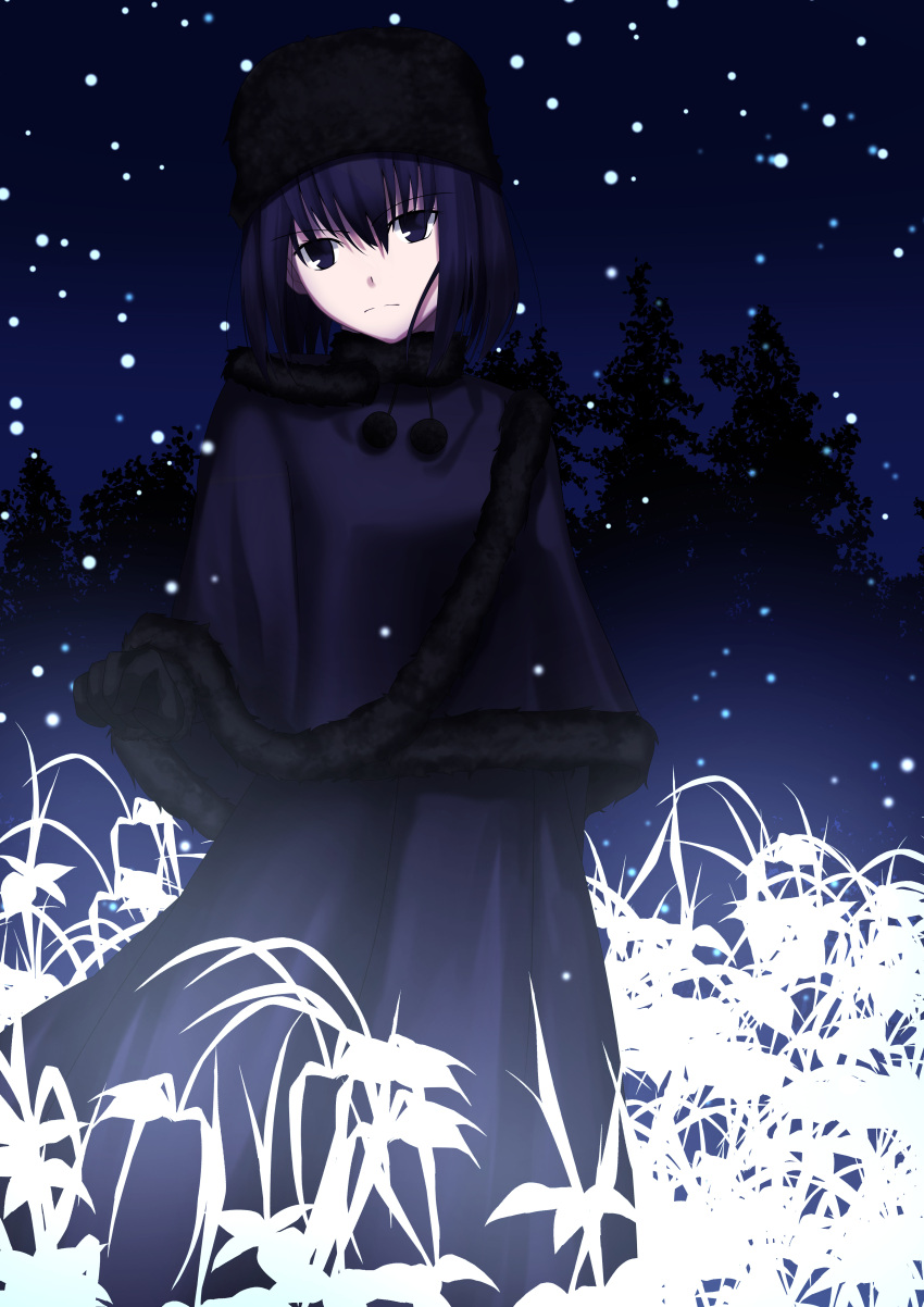 1girl absurdres bangs black_capelet black_dress black_eyes black_gloves black_hair black_headwear capelet closed_mouth commentary_request dress eyebrows_visible_through_hair flower fur-trimmed_headwear fur_collar fur_hat gloves glowing_flower hair_between_eyes hat head_tilt highres kuonji_alice looking_at_viewer mahou_tsukai_no_yoru night night_sky outdoors short_hair sky snow snowing solo tree tsugikineko ushanka white_flower