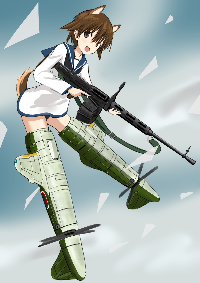 1girl absurdres animal_ears bangs black_neckerchief blouse blue_sailor_collar brown_eyes brown_hair cloud cloudy_sky commentary dog_ears dog_tail drum_magazine flying full_body gun heavy_machine_gun highres holding holding_gun holding_weapon leaning_forward long_sleeves looking_at_viewer machine_gun magazine_(weapon) miyafuji_yoshika neckerchief no_pants open_mouth outdoors sailor_collar short_hair sky smile solo strike_witches striker_unit tail turkeysand_(fernandear_504) type_99_cannon weapon white_blouse world_witches_series