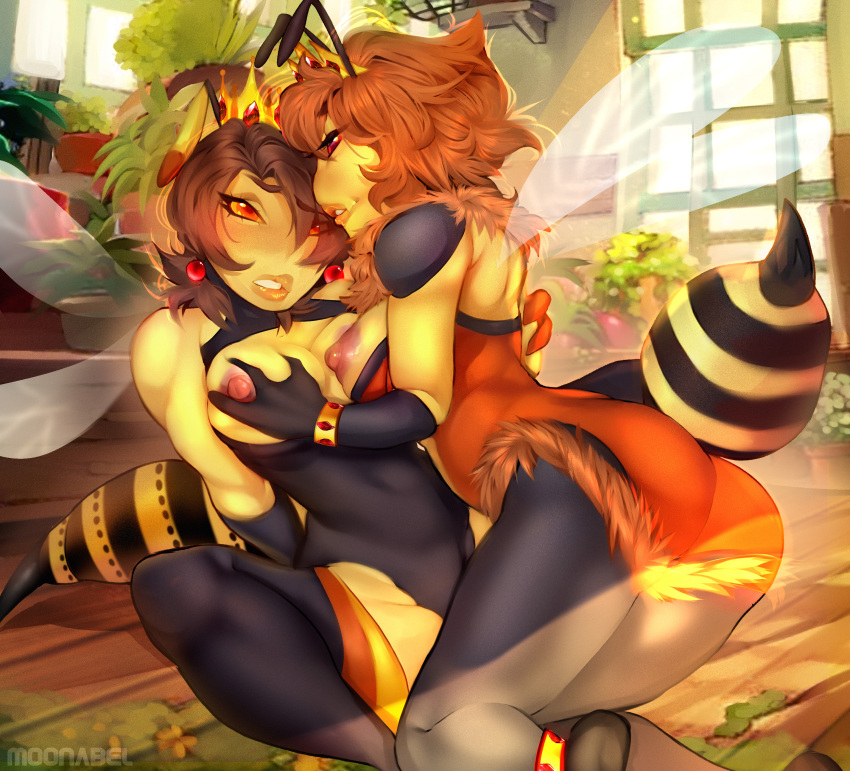 absurd_res anthro arthropod bee breast_grab breast_play breast_squish breasts compound_eyes dominant dominant_anthro dominant_female duo embarrassed embarrassed_nude_female exposed_breasts female female/female hand_on_breast hi_res holding_breast hymenopteran insect insect_wings moonabel provocative smile squish teasing wasp wings