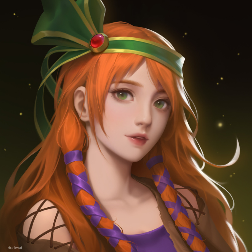 1girl chrono_cross dark_duck gradient gradient_background green_eyes hair_ribbon hairband highres lips long_hair looking_at_viewer orange_hair portrait rena_(chrono_cross) ribbon solo