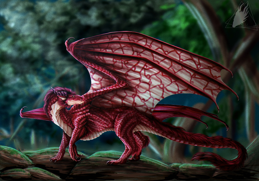 absurd_res claws digital_media_(artwork) dragon entropy_(billeur) feral forest fur hi_res horn looking_back male membrane_(anatomy) membranous_wings plant red_body red_fur red_scales scales scalie solo spread_wings tree veinereastath western_dragon wings