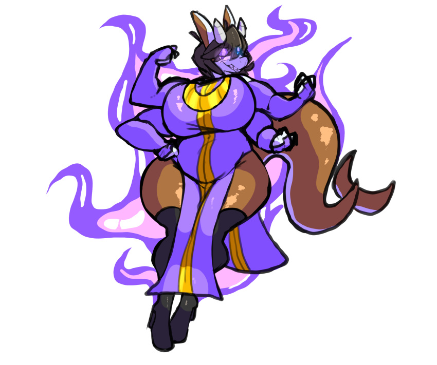 anthro big_breasts bovid breasts brown_body caprine chiva clothing curvy_figure eyeshadow female fish fusion goat heterochromia hi_res horn huge_breasts hybrid jewelry makeup mammal marine multi_limb necklace pokebraix purple_glow robe shark sharp_teeth solo teeth voluptuous wide_hips