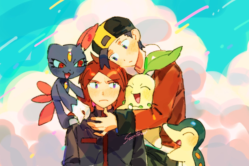 2boys backwards_hat baseball_cap black_hair black_jacket black_pants blush chikorita closed_mouth cloud commentary_request cowlick cyndaquil day ethan_(pokemon) grey_eyes hat jacket korean_commentary long_hair long_sleeves male_focus multiple_boys on_shoulder outdoors pants pokemon pokemon_(creature) pokemon_(game) pokemon_hgss pokemon_on_shoulder purple_eyes red_hair red_jacket seonforest short_hair signature silver_(pokemon) sky sneasel