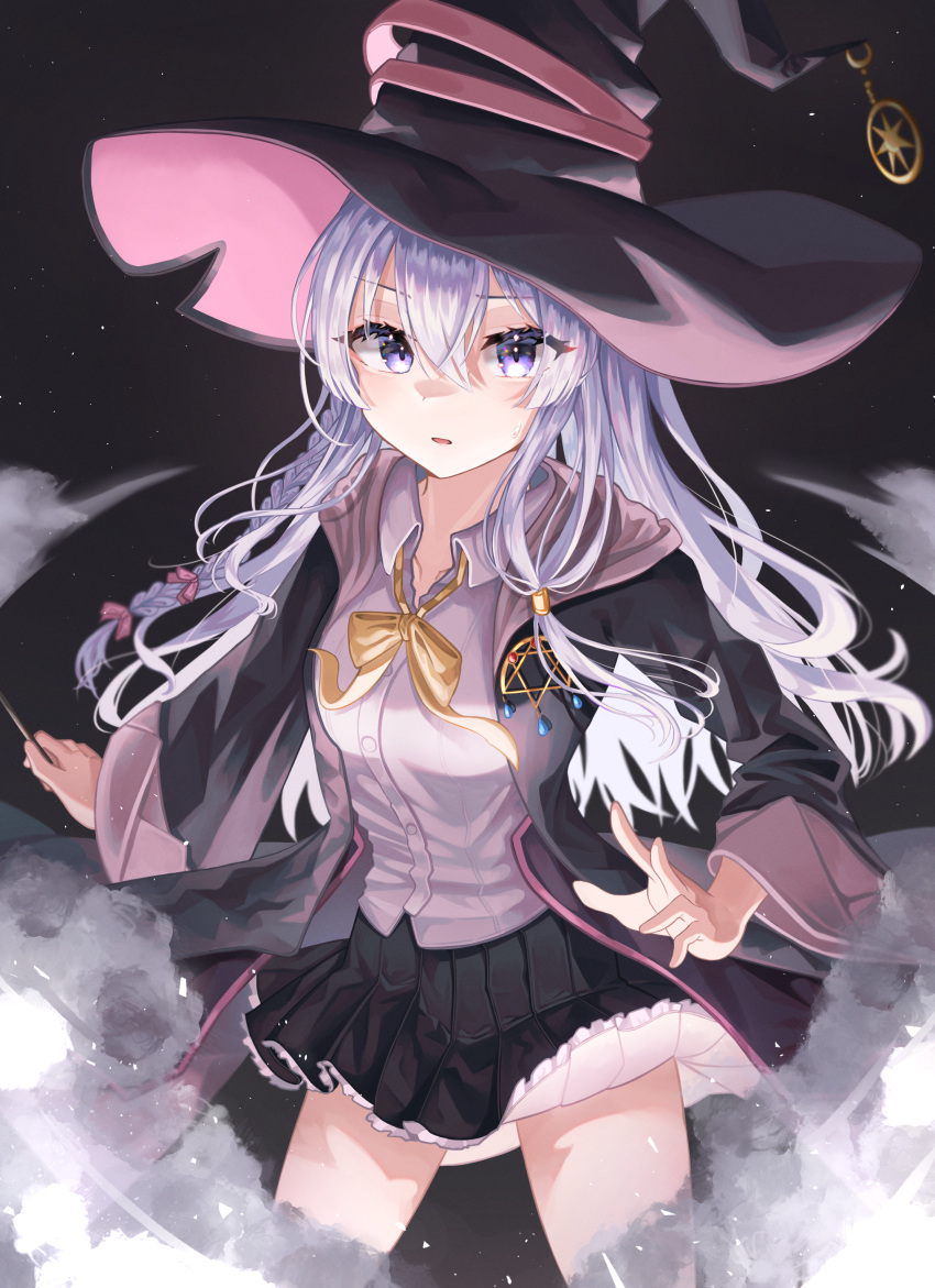 1girl absurdres black_background black_skirt bow bowtie braid collared_shirt cowboy_shot doyo_c3 elaina_(majo_no_tabitabi) hair_between_eyes hat highres long_hair long_sleeves looking_at_viewer majo_no_tabitabi pleated_skirt purple_eyes shirt silver_hair skirt solo white_shirt witch witch_hat yellow_bow yellow_bowtie