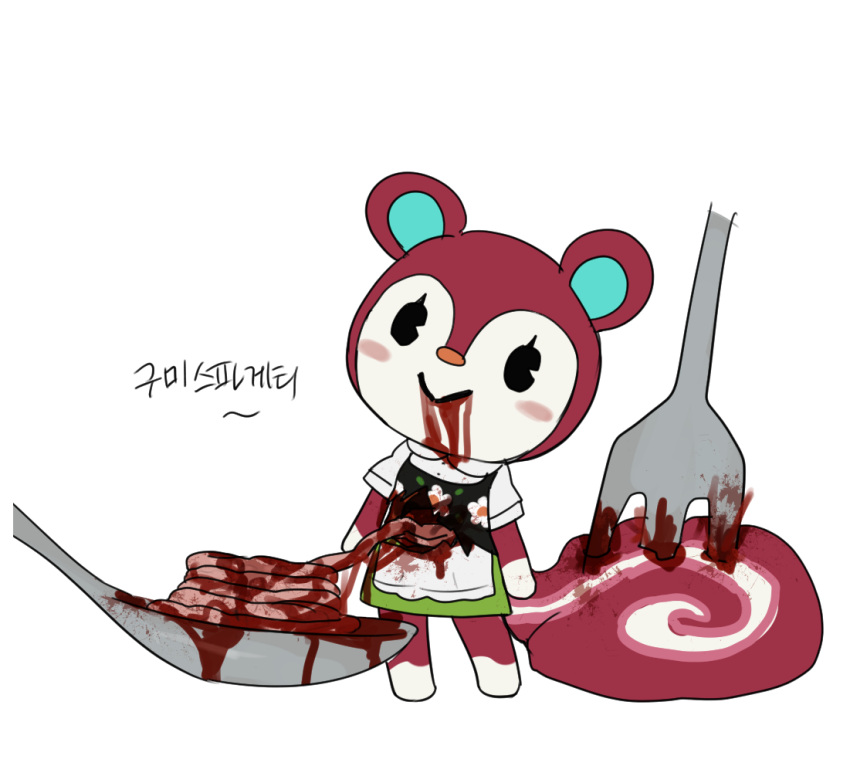 animal_crossing anthro blood blood_on_mouth bodily_fluids cutlery female fork gantan gore guts hard_vore kitchen_utensils korean_text mammal nintendo organs poppy_(animal_crossing) rodent sciurid solo spoon text tools translation_request video_games violence vore wounded