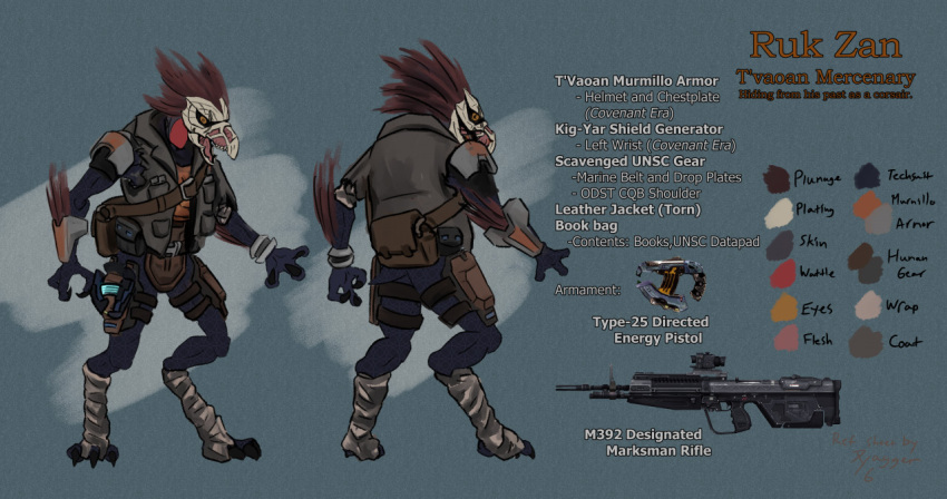 3_fingers 3_toes akilae06 alien arm_wraps armor avian_caruncle backpack belt belt_pouch bodysuit bone_plates bracelet bracers breastplate brown_body brown_feathers claws clothed clothing dewlap_(anatomy) digitigrade energy_weapon english_text facial_scar feathers feet fingers flak_jacket front_view fully_clothed furgonomics grey_body grey_skin gun halo_(series) handgun jewelry kig-yar leg_armor leg_wrap legwear looking_at_viewer looking_back looking_back_at_viewer male messenger_bag microsoft model model_sheet open_mouth pistol plumage ranged_weapon rear_view red_body rifle scalie scar short_tail shoulder_pads skinsuit solo spread_arms standing t'vaoan teeth text thigh_holster tight_clothing toes tongue topwear torn_clothing vest video_games wattle weapon white_face wraps xbox_game_studios yellow_eyes