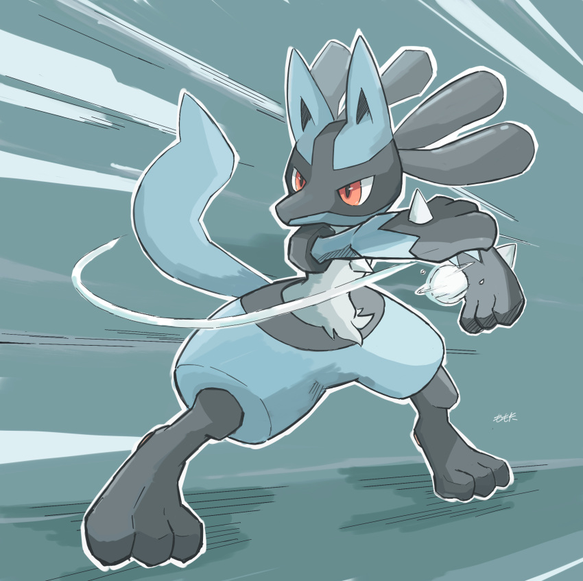 2020 absurd_res action_pose ambiguous_gender anthro biped blue_body blue_fur canid canine chest_spike digitigrade fur hand_spike hi_res lucario mammal momota_pen motion_lines nintendo pok&eacute;mon pok&eacute;mon_(species) pose red_eyes shaded signature simple_background solo spikes spikes_(anatomy) video_games