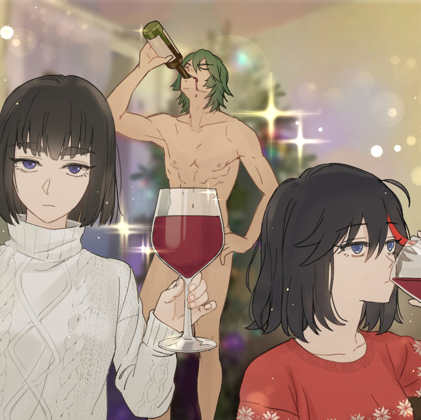 1boy 2girls abs alcohol bangs blue_eyes blurry bottle closed_mouth commentary_request covering covering_crotch cup drinking drinking_glass expressionless hand_up highres holding holding_cup indoors jibek_lily kill_la_kill kiryuuin_satsuki korean_commentary long_sleeves looking_at_viewer matoi_ryuuko meme multiple_girls nude photo-referenced red_sweater sanageyama_uzu siblings sisters sparkle sweater toned toned_male white_sweater wine wine_glass