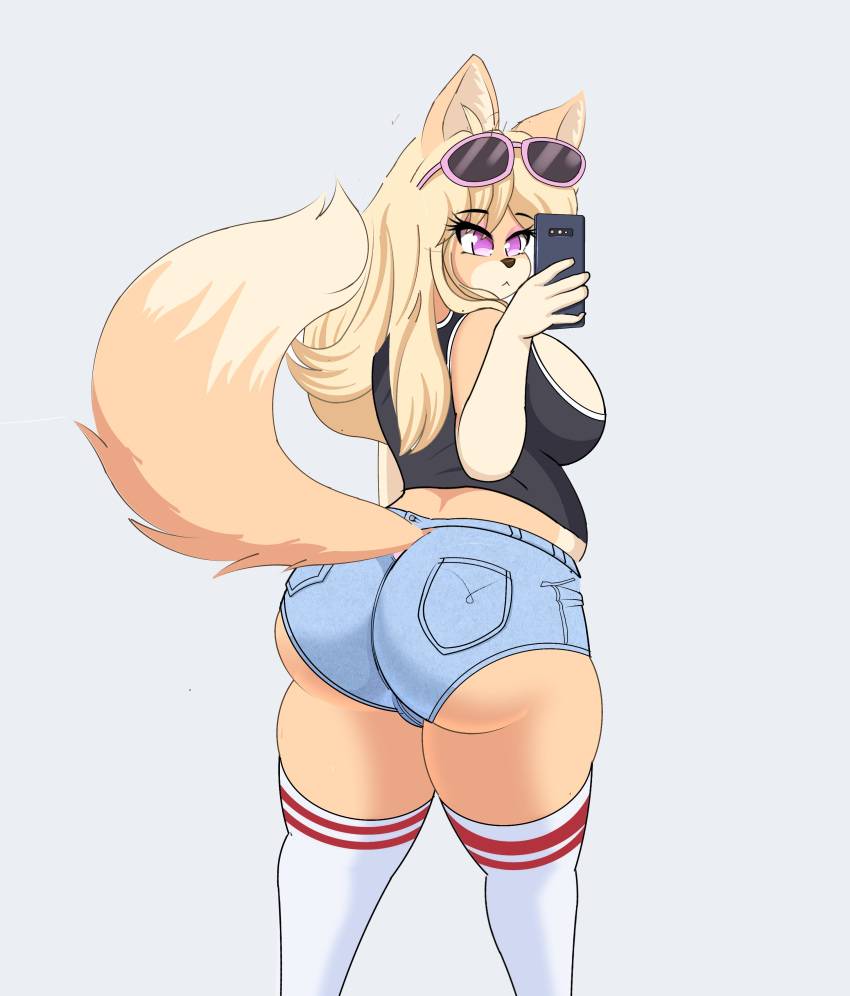 absurd_res anthro big_breasts big_butt blonde_hair bottomwear breasts butt butt_pose camel_toe canid canine canis cellphone chubby_female clothing eyewear facial_markings female fox fur hair head_markings hi_res inner_ear_fluff kotone_(zelripheth) legwear makeup mammal markings multicolored_body multicolored_fur orange_body orange_fur phone pink_eyes pose raised_tail rear_view shorts solo sunglasses thick_thighs tight_clothing tuft two_tone_body two_tone_fur yellow_body yellow_fur zelripheth