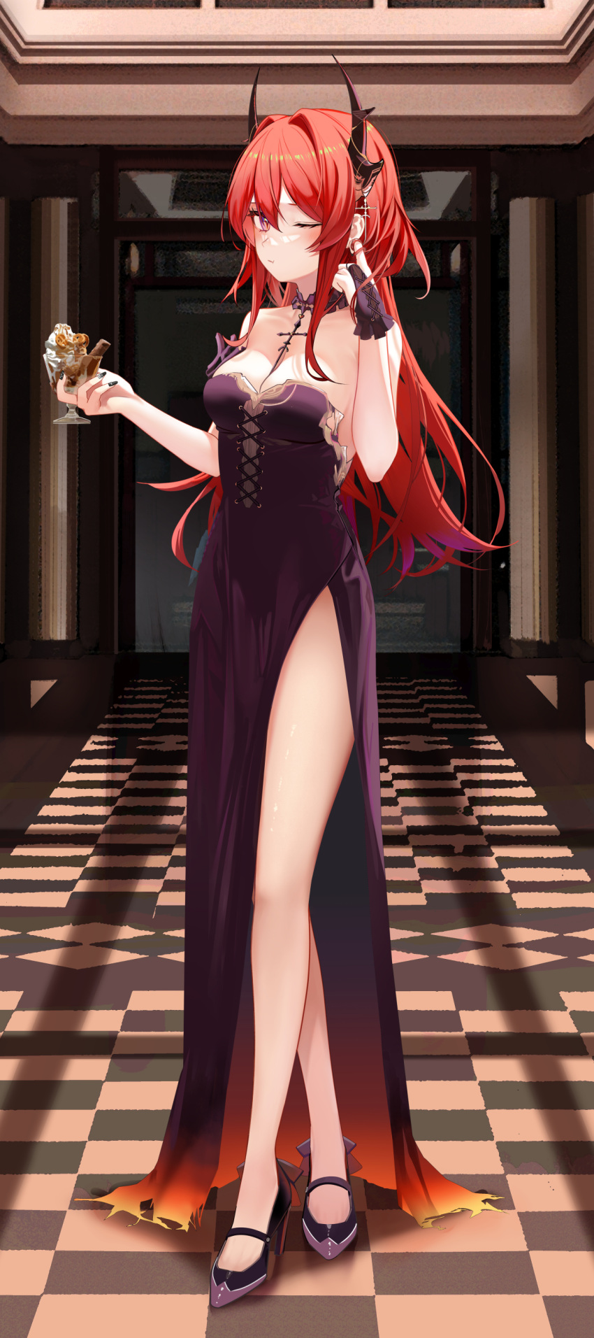 1girl ;t absurdres arknights bare_arms bare_legs bare_shoulders black_choker black_dress black_footwear breasts checkered_floor choker cleavage closed_mouth cocktail_dress crossed_legs cup dress food full_body hair_intakes hand_up high_heels highres holding holding_cup horns ice_cream indoors long_hair looking_at_viewer medium_breasts one_eye_closed pout purple_eyes red_hair ru_zhai side_slit sidelocks slit_pupils solo standing strapless strapless_dress surtr_(arknights) thighs watson_cross