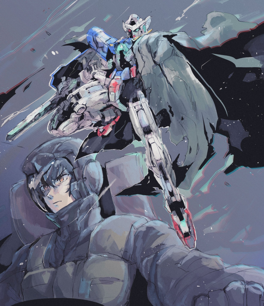 1boy black_hair brown_eyes cloak commentary damaged dust_cloud exia_repair gundam gundam_00 gundam_exia helmet highres holding holding_sword holding_weapon kare_(0621utak) mecha pilot_suit setsuna_f._seiei sword v-fin weapon