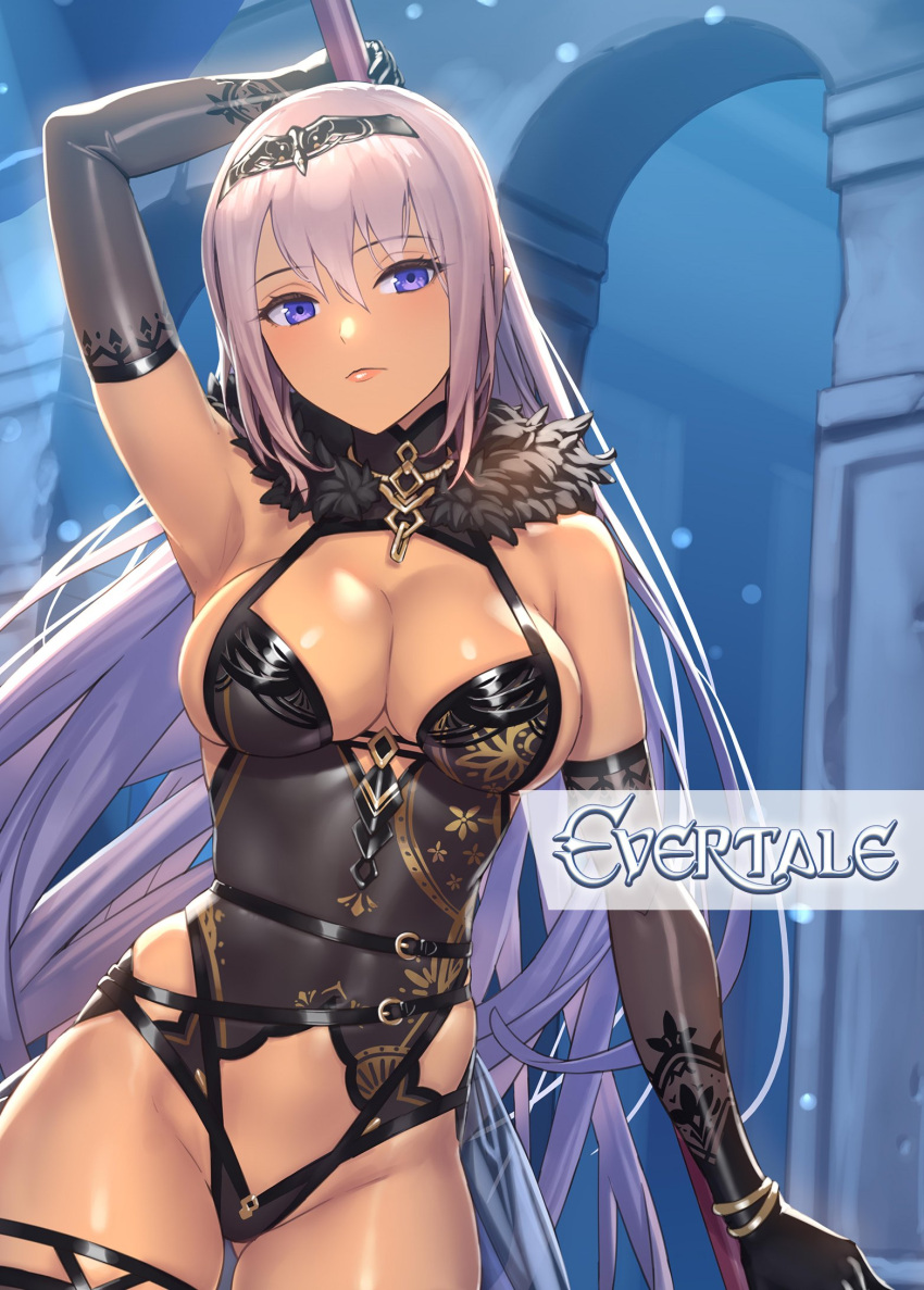 1girl bangs bare_shoulders black_gloves breasts cleavage closed_mouth commentary_request copyright_name cuboon elbow_gloves elmina_(evertale) evertale feather_trim gloves highleg highleg_leotard highres holding jewelry large_breasts leotard lips long_hair looking_at_viewer official_art pink_hair pointy_ears polearm purple_eyes shiny shiny_clothes shiny_skin simple_background sleeveless solo thighs tiara turtleneck weapon