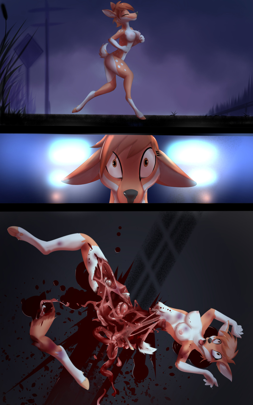 absurd_res anthro blood bodily_fluids breasts cervid death female frostbite80_(artist) gore hi_res mammal night nude open_mouth organs outside running solo tongue tongue_out