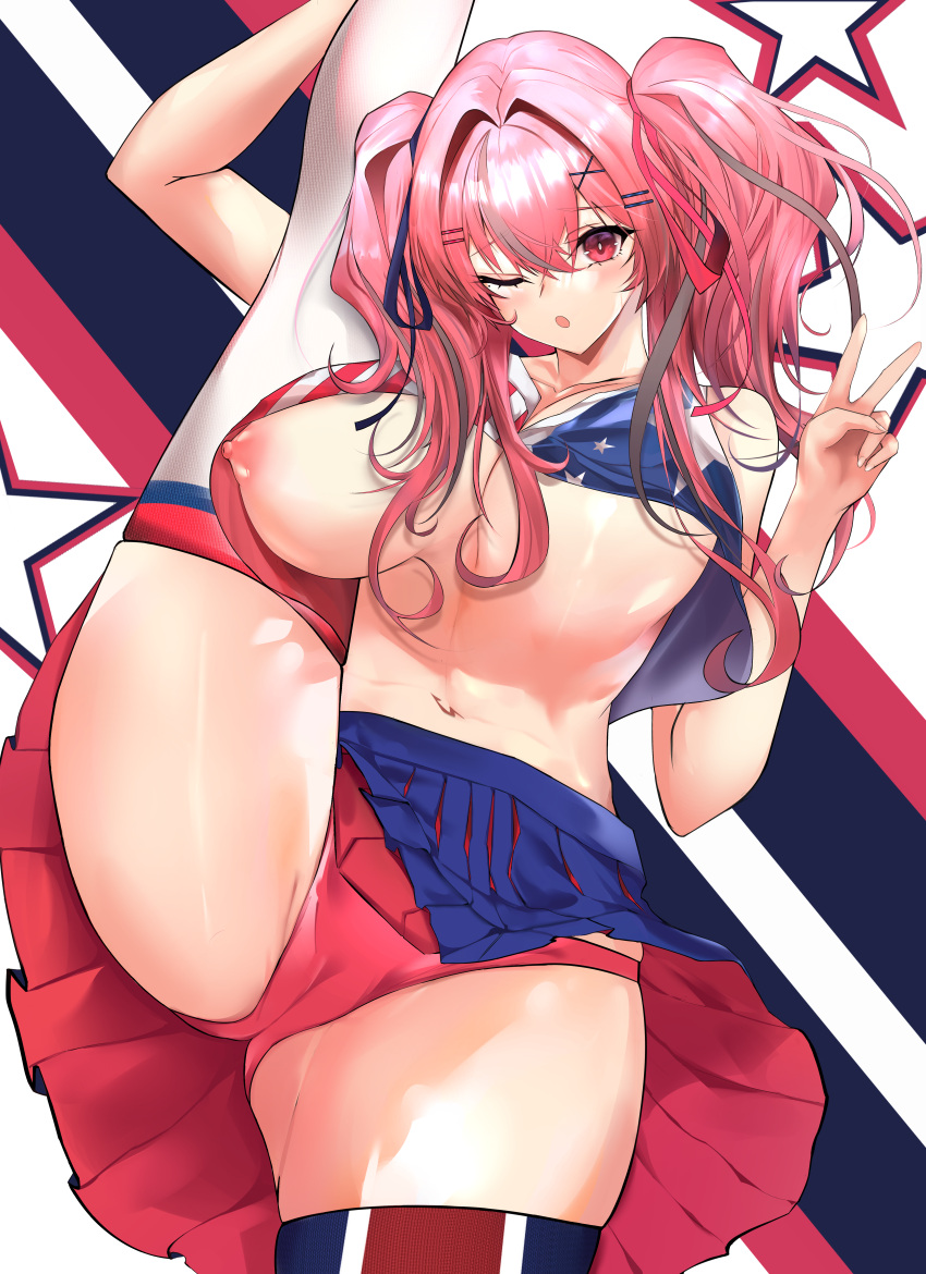 1girl ;o absurdres alternate_costume american_flag american_flag_print ass_visible_through_thighs azur_lane bangs bare_shoulders blue_skirt blush breasts bremerton_(azur_lane) cameltoe cheerleader cleavage collarbone commentary cowboy_shot crop_top crop_top_overhang crossed_bangs eyebrows_visible_through_hair flag_print flexible grey_hair hair_between_eyes hair_intakes hair_ornament hair_ribbon hairclip highres large_breasts leg_hold leg_lift long_hair looking_at_viewer multicolored_background multicolored_hair navel nipple_slip nipples no_bra no_mole one_eye_closed open_mouth panties pink_eyes pink_hair pink_panties pink_ribbon pleated_skirt redbone ribbon sidelocks skindentation skirt solo split standing standing_on_one_leg standing_split star_(symbol) star_print starry_background stomach streaked_hair thighhighs twintails two-tone_hair unaligned_breasts underwear v white_legwear x_hair_ornament zettai_ryouiki