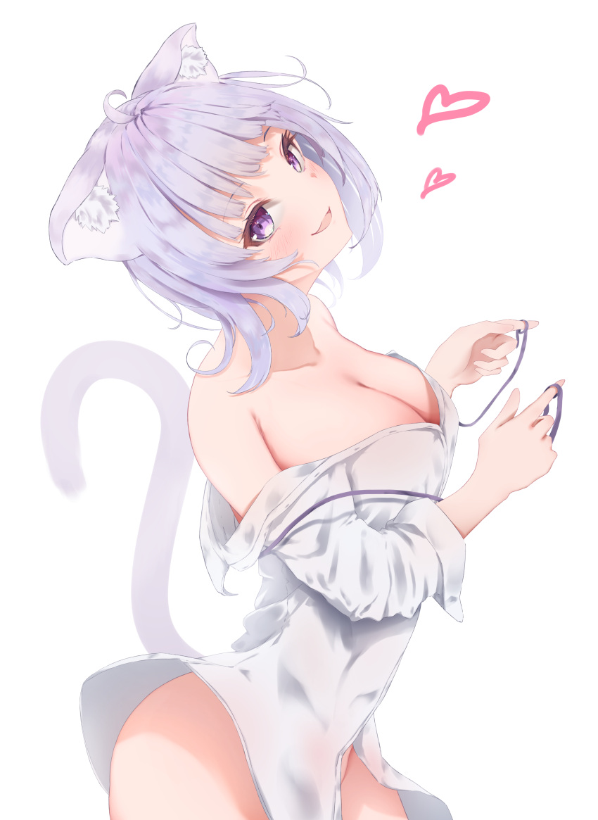 1girl :3 absurdres ahoge animal_ears bare_shoulders bottomless breasts cat_ears cat_girl cat_tail cleavage collarbone collared_shirt cowboy_shot dress_shirt from_side hatenashun422 heart highres hololive hololive_gamers large_breasts looking_at_viewer naked_shirt nekomata_okayu no_bra no_panties no_pants open_mouth partially_unbuttoned purple_eyes purple_hair ribbon shirt short_hair smile solo tail virtual_youtuber white_shirt