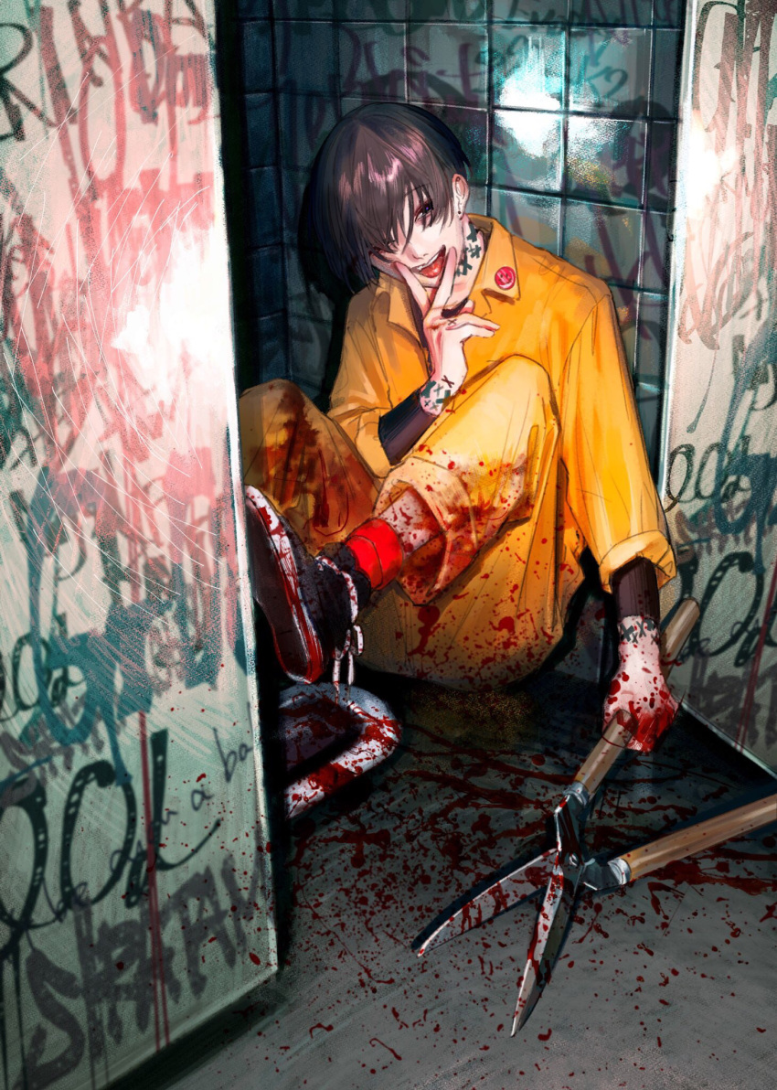 1boy arm_tattoo badge bathroom blood blood_on_clothes blood_splatter brown_hair button_badge dark ear_piercing earrings graffiti grin highres horror_(theme) jewelry jumpsuit leg_up male_focus neck_tattoo one_eye_covered original piercing purple_eyes rit3set shears shoes short_hair sitting smile sneakers socks solo squat_toilet tattoo tongue tongue_out undershirt v_over_mouth