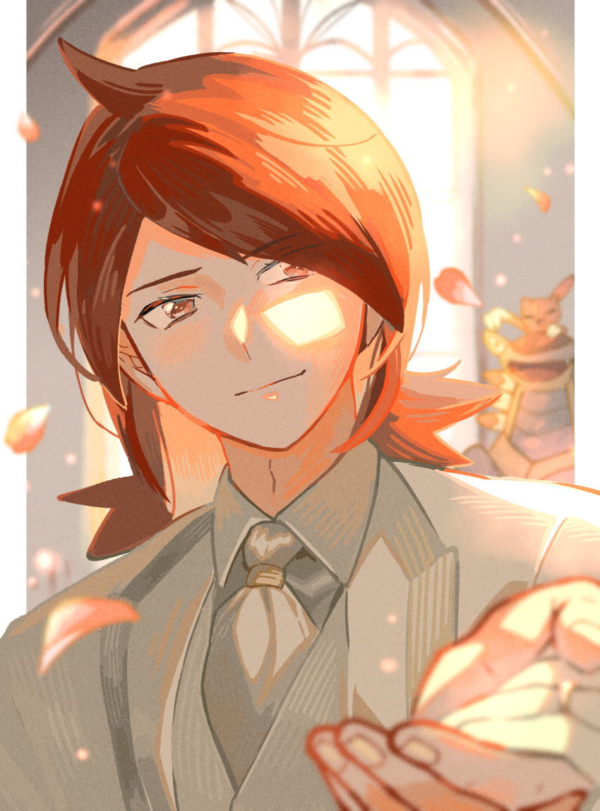 1boy armaldo bangs blurry closed_mouth collared_shirt commentary_request cowlick falling_petals hand_up highres jacket long_hair looking_at_viewer male_focus necktie omyo_(myomyomyo22) orange_eyes orange_hair petals pillarboxed pokemon pokemon_(creature) pokemon_(game) pokemon_hgss shirt silver_(pokemon) smile sneasel upper_body vest