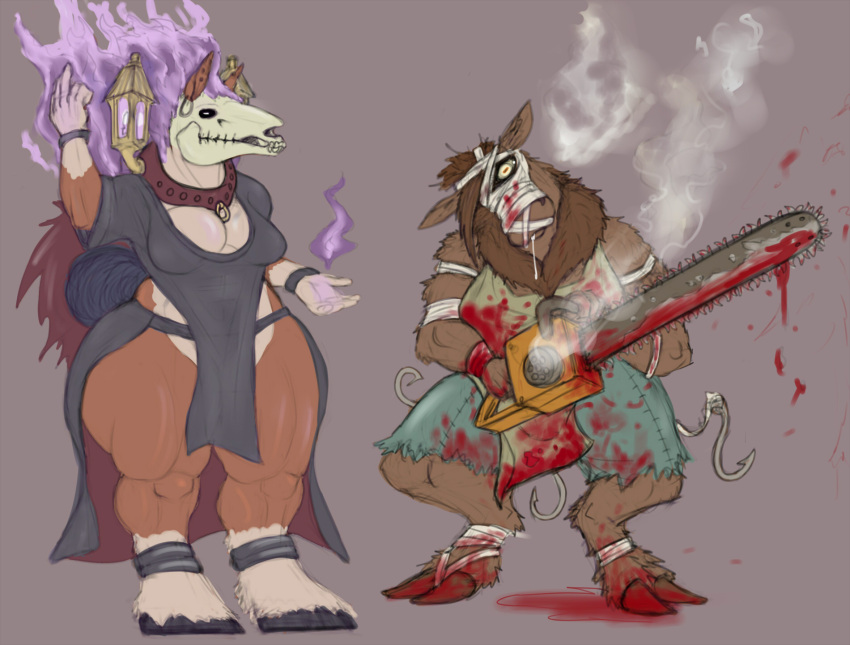 anthro bandage blood bodily_fluids capreoline cervid chainsaw clydesdale divadale_(snakedakyoot) draft_horse duo equid equine female halloween hi_res holidays hooves horse mammal moose power_tool sigrid_(snakedakyoot) snakedakyoot thick_thighs tools widehips