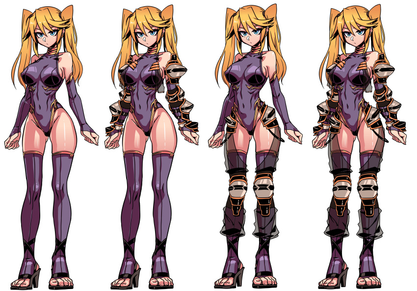 1girl absurdres ass_visible_through_thighs bangs bare_shoulders blonde_hair blue_eyes breasts character_sheet covered_navel elbow_gloves full_body ga320aaa gauntlets gloves high_heels highres knee_guards leotard original purple_legwear see-through simple_background thighhighs toeless_footwear twintails white_background