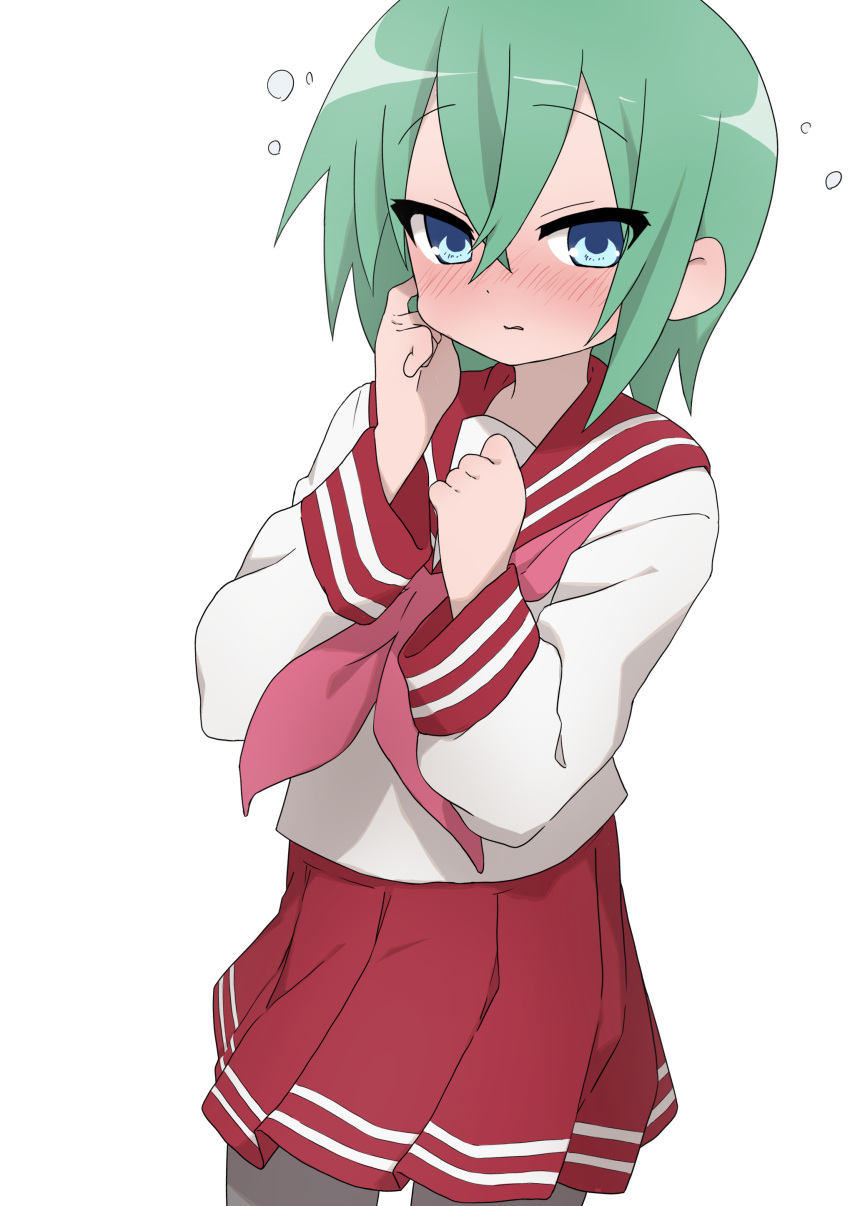 1girl absurdres bangs blue_eyes blush closed_mouth commentary cowboy_shot eyebrows_visible_through_hair green_hair hair_between_eyes hands_up highres iwasaki_minami kicchi_(tmgk) long_sleeves looking_at_viewer lucky_star medium_hair neckerchief pleated_skirt red_neckerchief red_sailor_collar red_skirt sailor_collar school_uniform serafuku shirt simple_background skirt solo white_background white_shirt