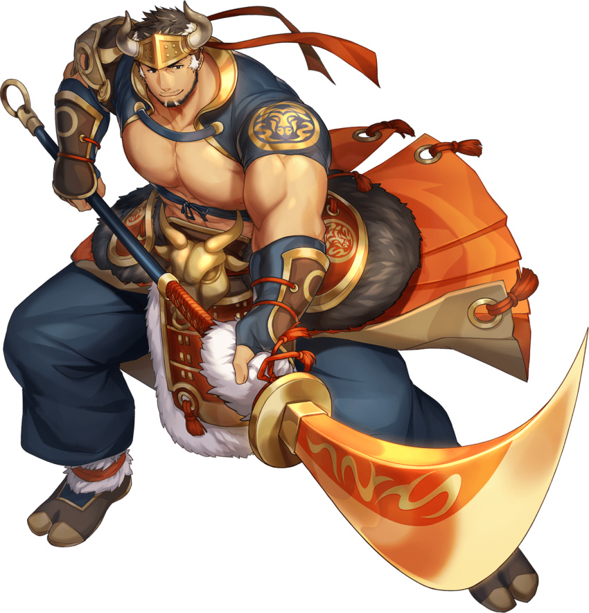 1boy abs anklet bara bare_pectorals beard belt biceps black_eyes black_hair clothes_lift collared_jacket cropped_jacket facial_hair fighting_stance gauntlets gloves gozu_farm gyee halberd hand_on_weapon headband highres jacket jewelry large_pectorals loincloth male_focus mature_male muscular muscular_male nipples official_art ox_horns pants pectorals polearm sandals sideburns skirt skirt_lift smile solo takashi_(gyee) thick_arms transparent_background weapon white_hair