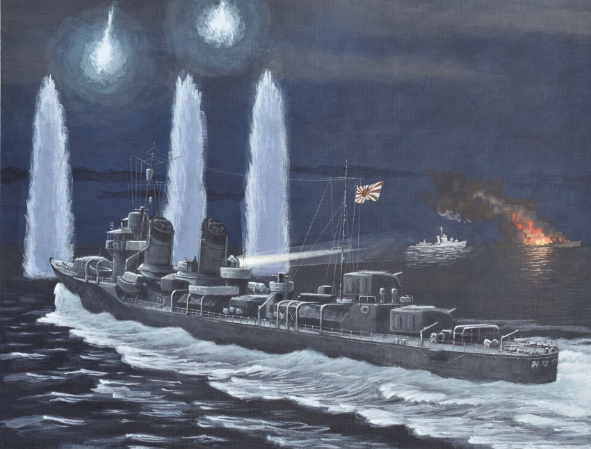 absurdres acrylic_paint_(medium) antenna_mast atoriebono ayanami_(destroyer) cannon destroyer fire flare highres historical_event imperial_japanese_navy japanese_flag military military_vehicle night no_humans original painting_(medium) searchlight ship smoke smokestack splashing spotlight torpedo_launcher torpedo_tubes traditional_media turret united_states_navy uss_benham_(dd-397) uss_walke_(dd-416) warship watercraft waves world_war_ii