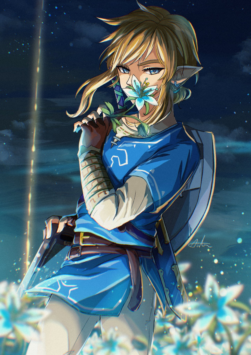 1boy bangs belt bishounen blonde_hair blue_eyes blue_tunic cloud commentary_request covering_mouth earrings field fingerless_gloves flower gauntlets gloves highres holding holding_flower jewelry left-handed link long_hair looking_at_viewer male_focus night night_sky outdoors pointy_ears sakuya_996 sheath sheathed shield short_sleeves sky solo star_(sky) starry_sky sword the_legend_of_zelda the_legend_of_zelda:_breath_of_the_wild tunic weapon weapon_on_back