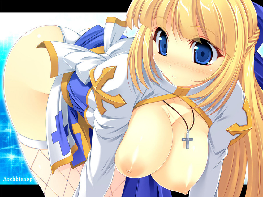 :&lt; archbishop bent_over blonde_hair blue_eyes breasts character_name cleavage cross fishnet_legwear fishnets hair_ribbon half_updo hanging_breasts kinoshita_ichi large_breasts long_hair nipples panties ragnarok_online ribbon solo staring thighhighs underwear