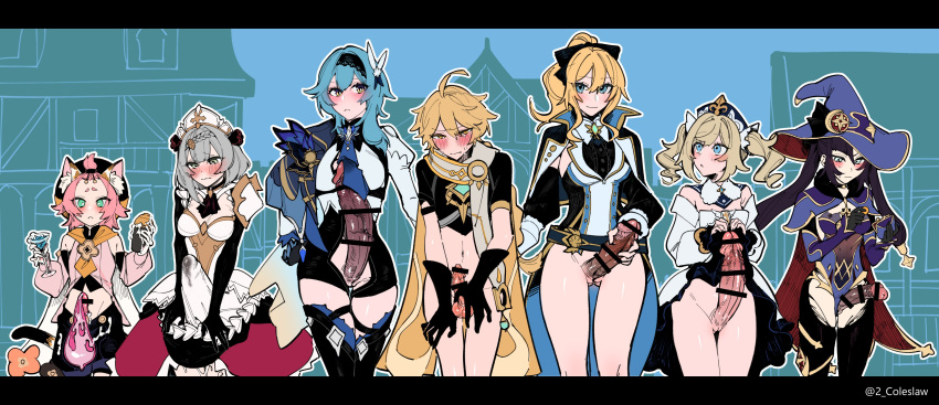 1boy 6+girls absurdres aether_(genshin_impact) ahoge animal_ear_fluff animal_ears armor bar_censor barbara_(genshin_impact) black_hair black_hairband blonde_hair blue_eyes blue_hair blush bottomless bow breasts bulge cat_ears censored commentary_request condom condom_on_penis cum cup diona_(genshin_impact) erection erection_under_clothes eula_(genshin_impact) futanari genshin_impact gloves grey_hair hair_between_eyes hair_bow hairband hat highres holding holding_cup holding_wallet jean_(genshin_impact) jean_(gunnhildr's_legacy)_(genshin_impact) large_penis long_hair looking_at_another looking_at_viewer medium_breasts mirin_chikuwa mona_(genshin_impact) multiple_girls navel noelle_(genshin_impact) pauldrons penis pink_hair short_hair shoulder_armor single_pauldron standing testicles thighhighs twintails used_condom used_condom_on_penis wallet witch_hat yellow_eyes