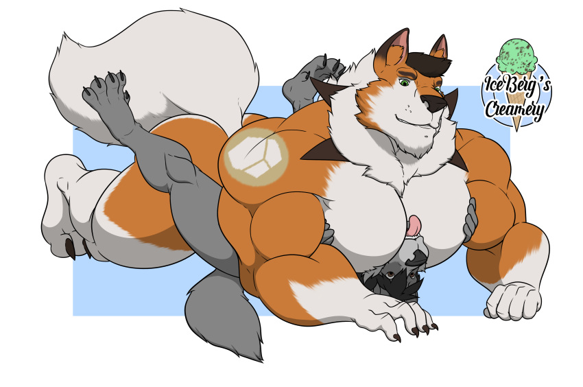 1ceberg absurd_res anthro between_pecs big_butt butt canid canine canis claws dusk_lycanroc fluffy fluffy_tail hi_res legs_up lycanroc lying male male/male mammal mane muscular muscular_male nintendo nude on_back on_front pec_grasp pecs pok&eacute;mon pok&eacute;mon_(species) size_difference solo video_games wolf