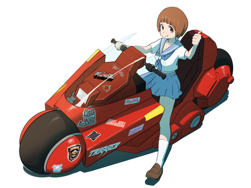 1girl absurdres akira bob_cut brand_new_animal breasts brown_eyes brown_hair closed_mouth copyright_name crossover full_body ground_vehicle highres inferno_cop kaneda_shoutarou's_bike kill_la_kill little_witch_academia looking_at_viewer mankanshoku_mako motor_vehicle motorcycle promare psylduck school_uniform serafuku short_hair sitting skirt smile solo sticker thumbs_up