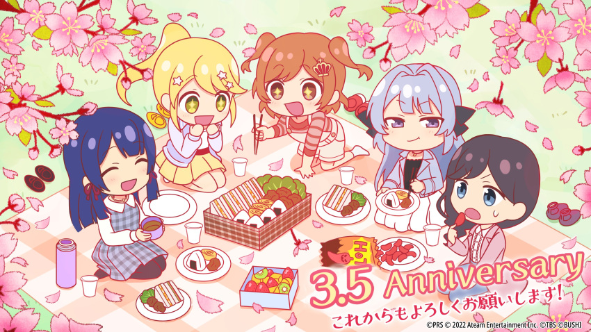 +_+ 5girls :d ^_^ absurdres aijou_karen all_fours anniversary artist_request bangs bento black_footwear black_hair black_legwear black_ribbon blanket blonde_hair blue_eyes blue_hair blue_pants blunt_bangs blunt_ends blush brown_eyes brown_hair brown_shirt buttons cherry_blossoms chibi chips chopsticks closed_eyes closed_mouth collared_shirt commentary_request crown_hair_ornament cup day disposable_cup dress eating eyebrows_visible_through_hair falling_petals food fruit grass grey_dress grey_hair grey_jacket hair_intakes hair_ornament hair_ribbon hand_to_own_mouth hand_up hands_up highres holding holding_chopsticks holding_cup holding_food holding_plate jacket jewelry kiwi_slice kneeling long_hair long_sleeves looking_at_another looking_at_food looking_away miniskirt multiple_girls necklace no_shoes official_art onigiri ootsuki_aruru open_clothes open_jacket open_mouth outdoors outstretched_arm overall_shorts overalls pants pantyhose petals picnic pink_jacket plaid plaid_dress plate pleated_skirt ponytail purple_eyes purple_jacket red_footwear red_ribbon ribbon sandwich seiza shirt shoes shoes_removed short_hair shoujo_kageki_revue_starlight shoujo_kageki_revue_starlight_-re_live- sitting skirt smile smirk socks star_(symbol) star_hair_ornament star_necklace strawberry striped striped_shirt sweatdrop swept_bangs thermos tomoe_tamao translation_request two_side_up v-shaped_eyebrows white_legwear white_shirt white_skirt yanagi_koharu yellow_eyes yellow_footwear yellow_skirt yukishiro_akira