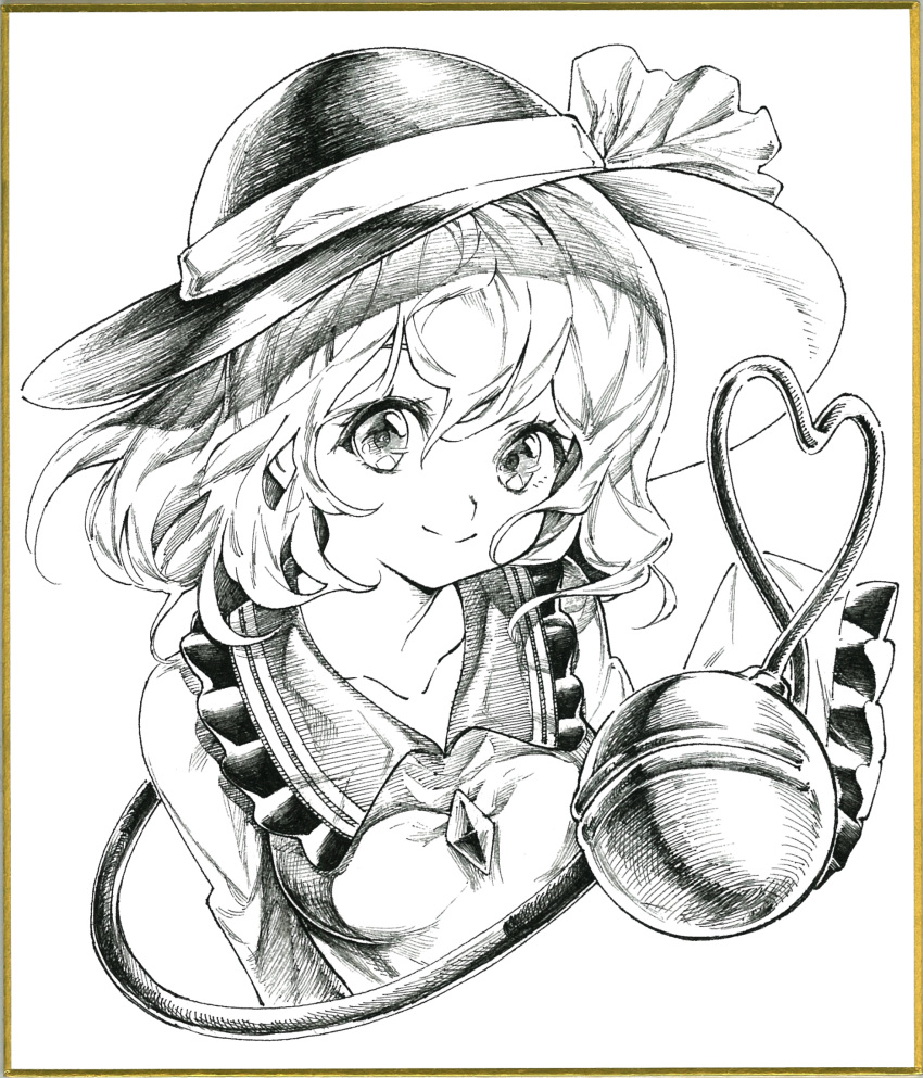 1girl arms_at_sides blouse buttons closed_mouth commentary diamond_button eyebrows_behind_hair frilled_shirt_collar frilled_sleeves frills greyscale hair_between_eyes hat hat_ribbon heart heart_of_string highres komeiji_koishi long_sleeves looking_at_viewer medium_hair millipen_(medium) monochrome oshake photo_(medium) ribbon sleeves_past_fingers sleeves_past_wrists smile solo split_mouth third_eye touhou traditional_media upper_body wide_sleeves