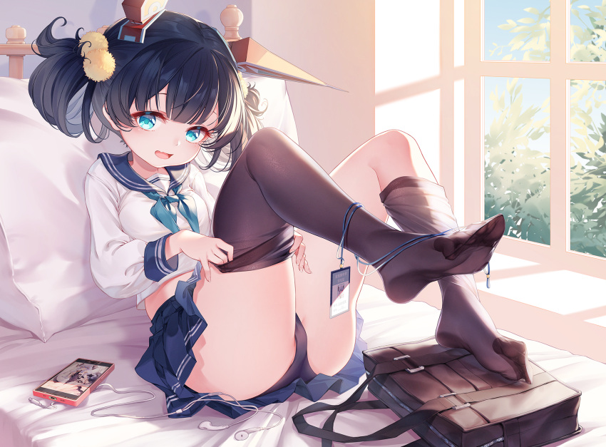 1girl animal_ears bag bangs black_hair black_legwear black_panties blue_eyes blue_neckerchief blue_sailor_collar blue_skirt cellphone earphones earphones_removed fake_animal_ears fang feet full_body hair_ornament hair_rings highres id_card indoors lanyard long_sleeves looking_at_viewer lying miniskirt neckerchief no_shoes on_back on_bed open_mouth original panties phone pillow pleated_skirt pom_pom_(clothes) pom_pom_hair_ornament puffy_long_sleeves puffy_sleeves sailor_collar school_uniform serafuku shirt skin_fang skirt smartphone solo suaynnai_wanzi sunlight thighhighs toes underwear white_shirt window