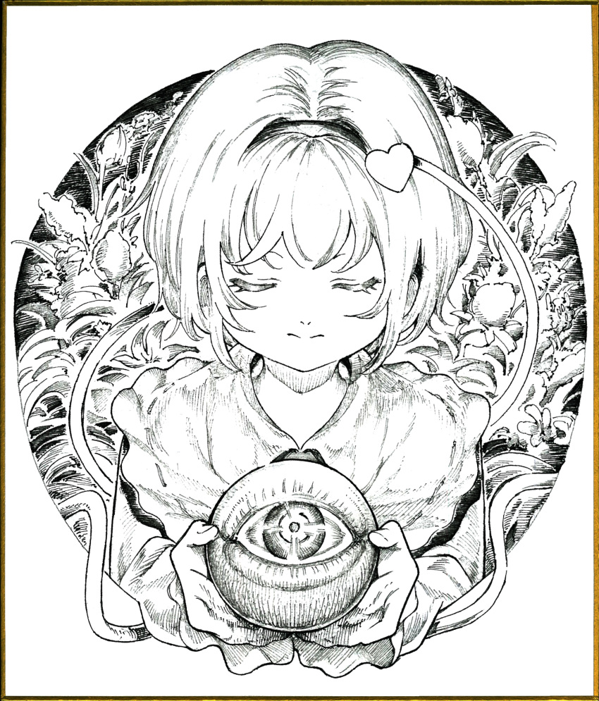 1girl blouse closed_eyes closed_mouth commentary eyebrows_behind_hair frilled_shirt_collar frilled_sleeves frills greyscale hair_ornament hairband heart heart_hair_ornament highres holding komeiji_satori leaf long_sleeves looking_at_viewer millipen_(medium) monochrome oshake photo_(medium) plant ribbon_trim short_hair smile solo split_mouth third_eye touhou traditional_media upper_body