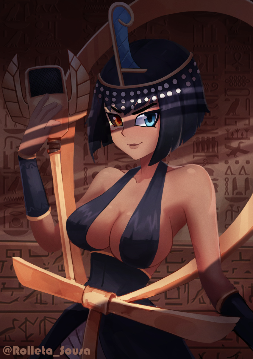 1girl absurdres artist_name bare_shoulders black_dress black_hair blue_eyes bob_cut breasts cleavage dark-skinned_female dark_skin dress egyptian eliza_(skullgirls) hieroglyphics highres looking_at_viewer microphone rolleta_sousa sekhmet_(skullgirls) short_hair sideboob skullgirls smile solo twitter_username