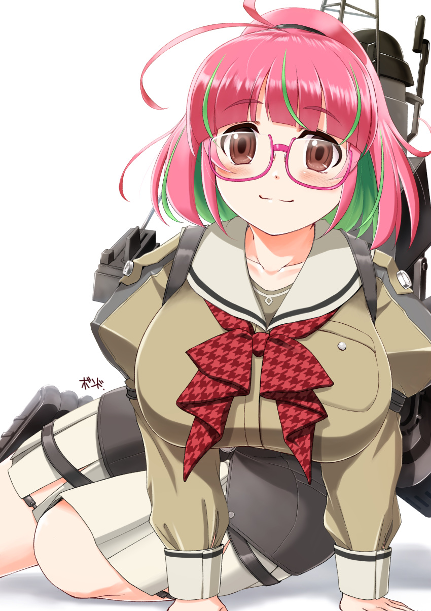 absurdres adapted_turret anti-aircraft anti-aircraft_gun blouse bow bowtie breasts corset depth_charge eyebrows_visible_through_hair glasses green_blouse green_hair grey_sailor_collar grey_skirt highres juliet_sleeves kantai_collection large_breasts long_sleeves looking_at_viewer machinery multicolored_hair open_mouth pink-framed_eyewear pink_hair pleated_skirt ponytail puffy_sleeves red_bow red_eyes sailor_collar sailor_shirt school_uniform serafuku shirt sitting skirt smile smokestack streaked_hair torpedo_launcher torpedo_tubes ume_(kancolle) watashitachino_kareshi